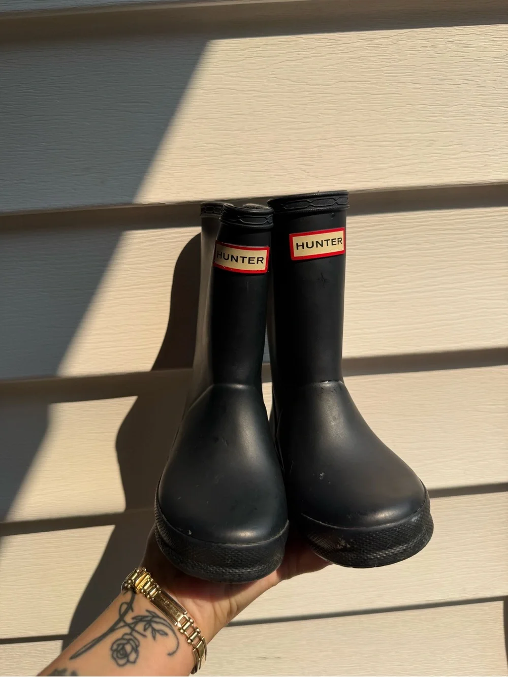 Hunter Kids Black Rubber Rain Boots with Red Logo